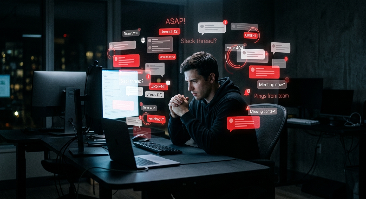Engineering manager at desk looking overwhelmed, surrounded by async communication patterns and team members across time zones, representing the management challenge in distributed teams