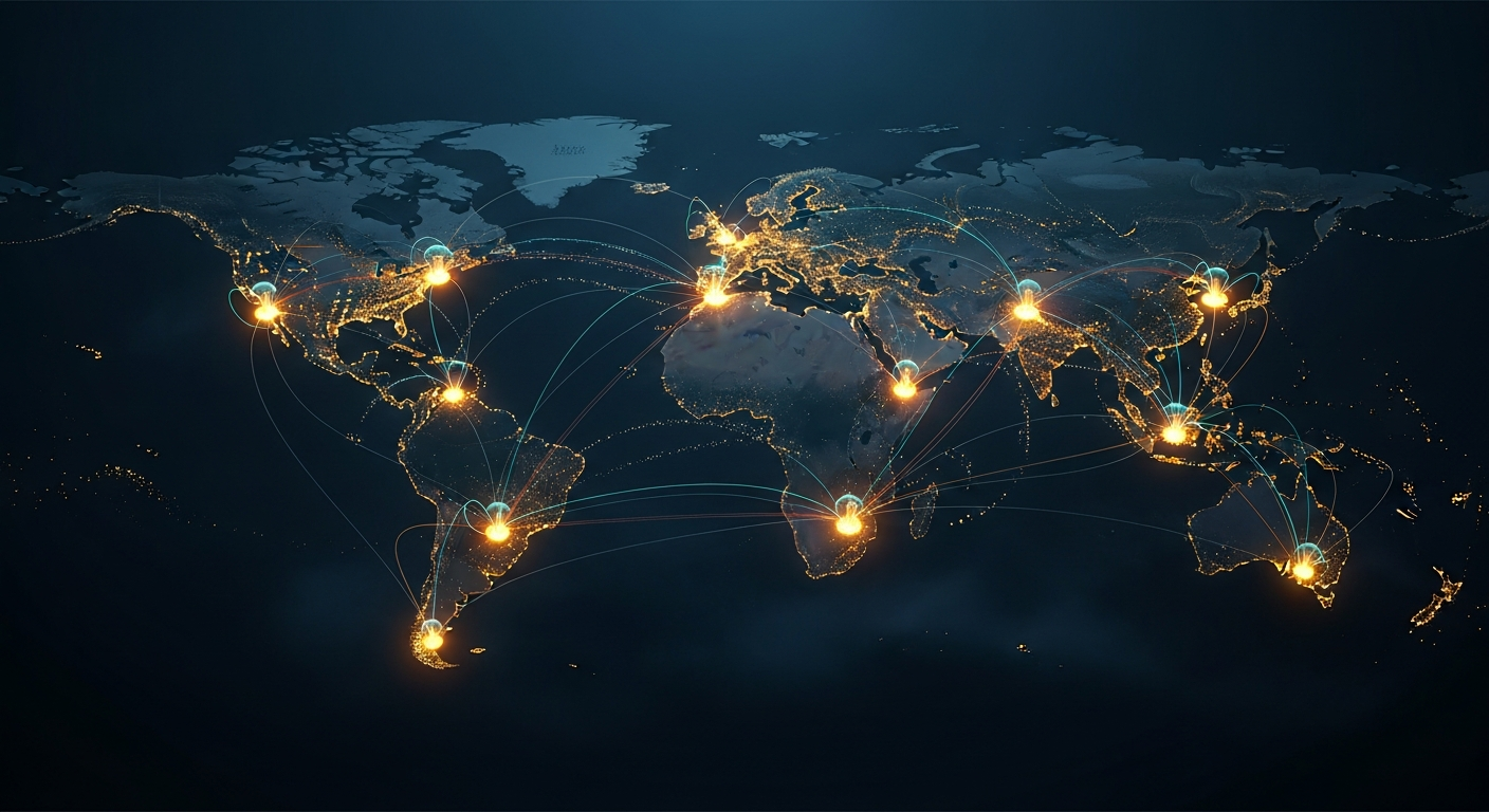 Abstract visualization of distributed team collaboration - interconnected nodes representing remote developers in alignment, unified by shared purpose and real-time communication