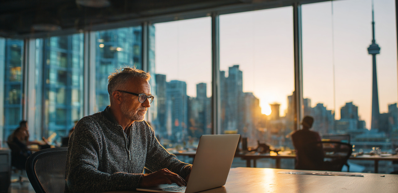 Technology executive reviewing Canadian engineering talent profiles in a modern office with city skyline visible through windows