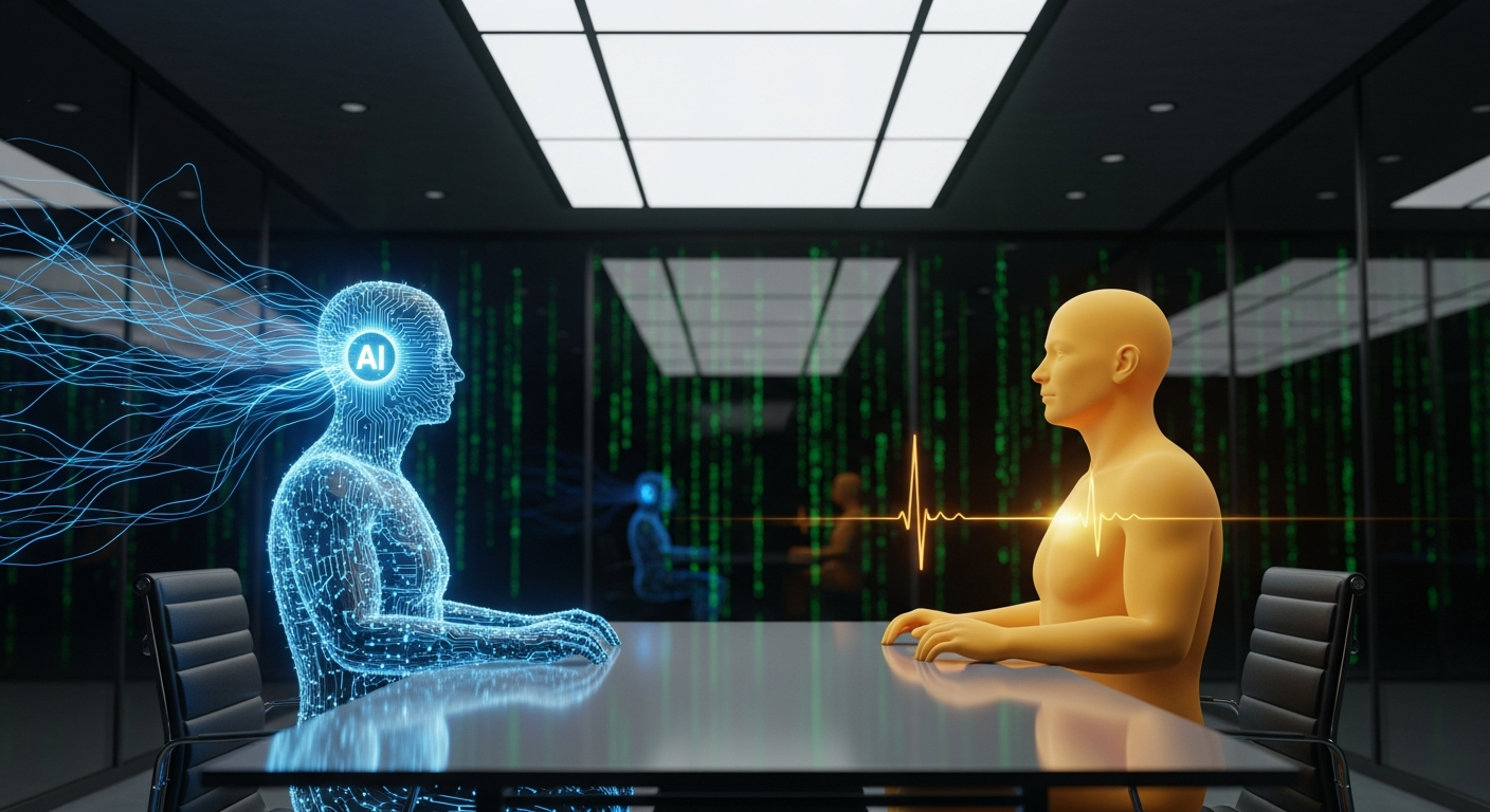 A developer analyzing AI-generated code at their desk, with overlaid code patterns representing evaluation and judgment