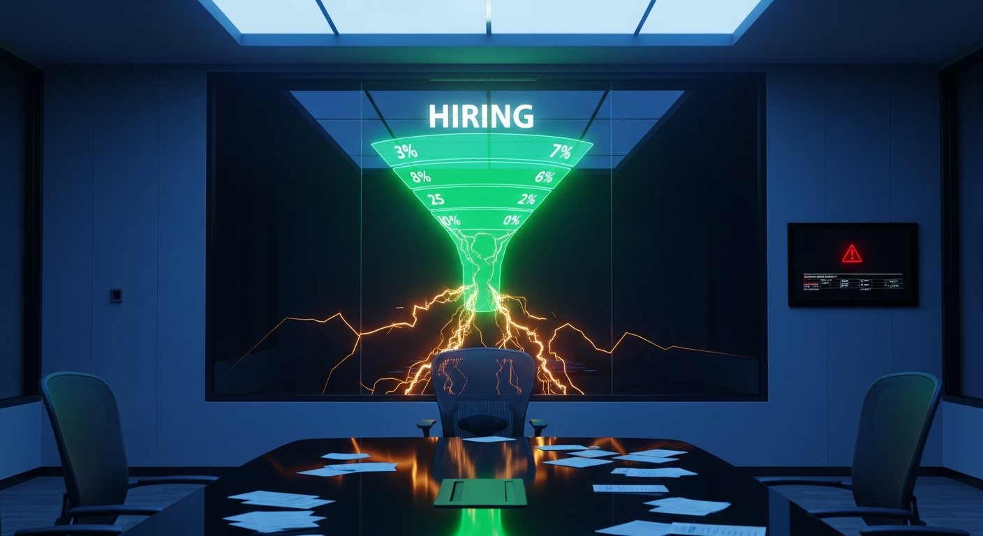 VP of Engineering at desk analyzing hiring metrics with red warning indicators and process flowchart, representing hiring crisis diagnosis and team breakdown