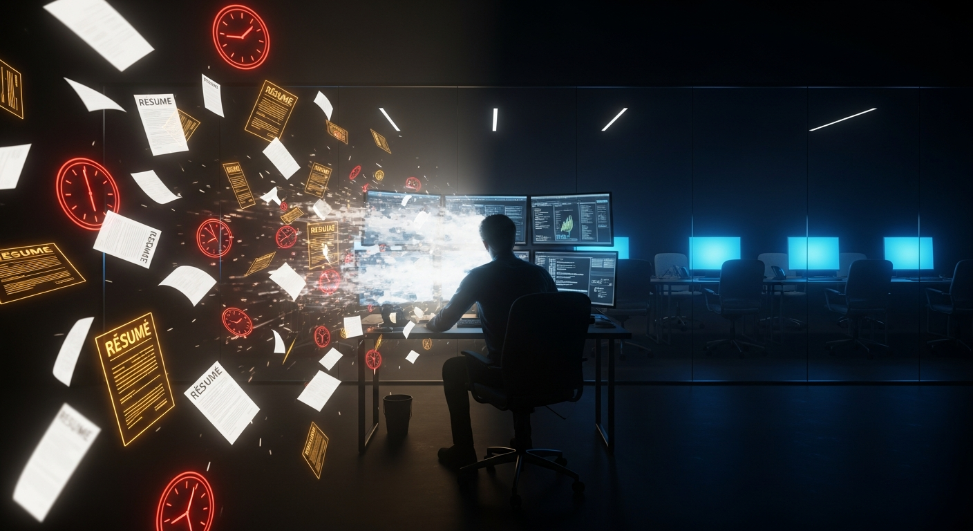 Engineer at desk looking overwhelmed, surrounded by velocity metrics and deadlines, representing the cost of speed-driven hiring and team burnout