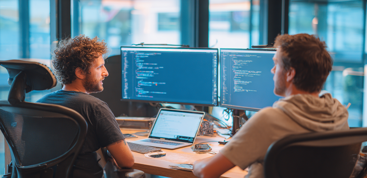 Two software developers reviewing code together in a technical interview at a modern North American tech office with warm professional lighting