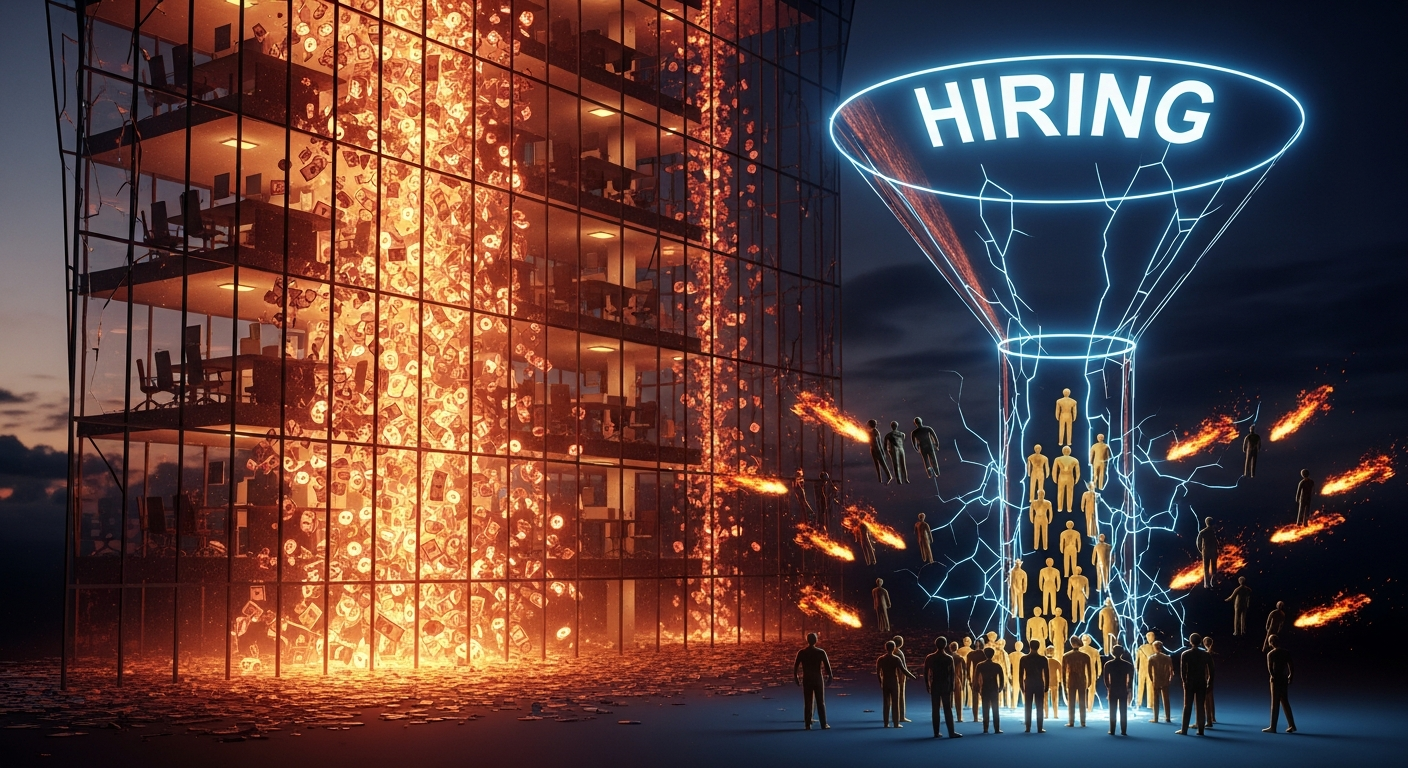 A silhouette of a business person surrounded by cascading financial charts and broken pieces, symbolizing the hidden costs of poor hiring decisions